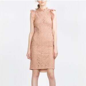 ZARA Lace Floral Sleeveless Ruffle Structured Midi Dress Blush Pink Size Small